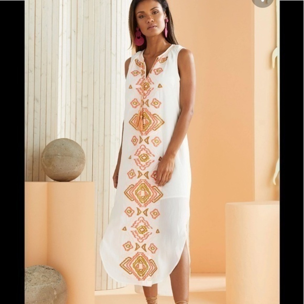 Marie Oliver "Ellis" dress Ikat embroidered sleeveless cream dress in Large